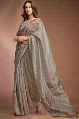 Grey Printed Silk Saree