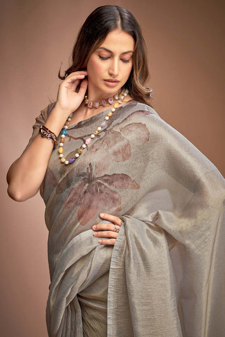 Grey Printed Silk Saree