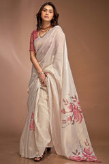 White Printed Silk Saree