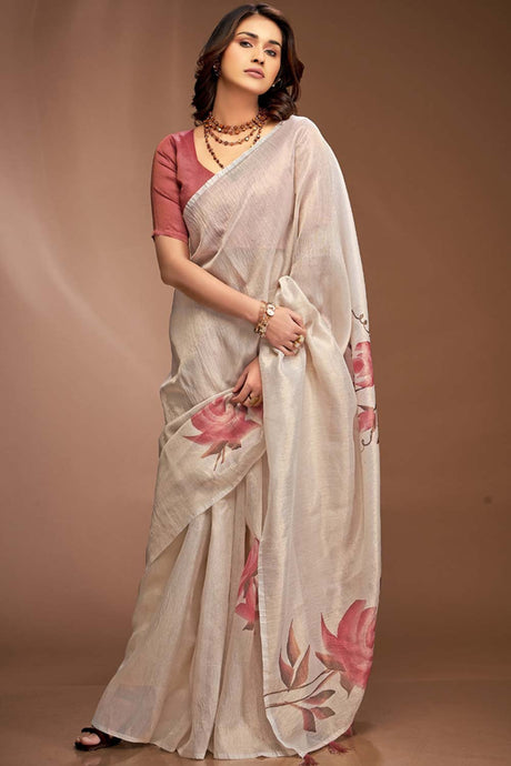 White Printed Silk Saree