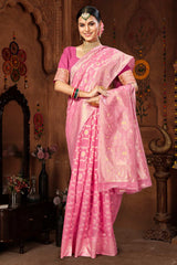 Pink Cotton Woven Saree