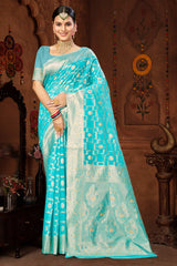 Blue Cotton Woven Saree