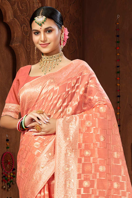 Peach Cotton Woven Saree