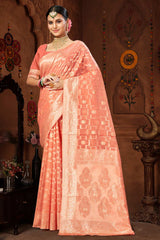 Peach Cotton Woven Saree