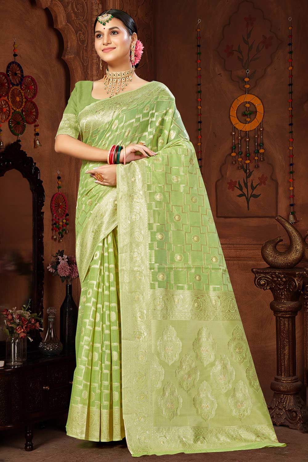 Green Cotton Woven Saree