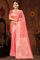 Pink Cotton Woven Saree