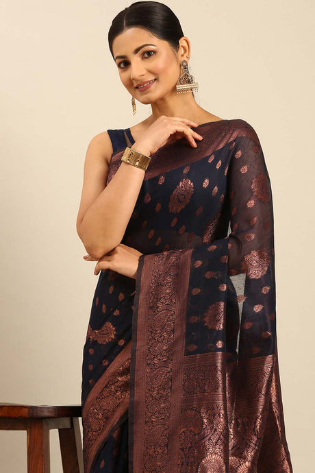 Navy Blue Cotton Woven Saree