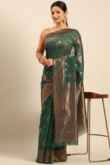 Teal Cotton Woven Saree