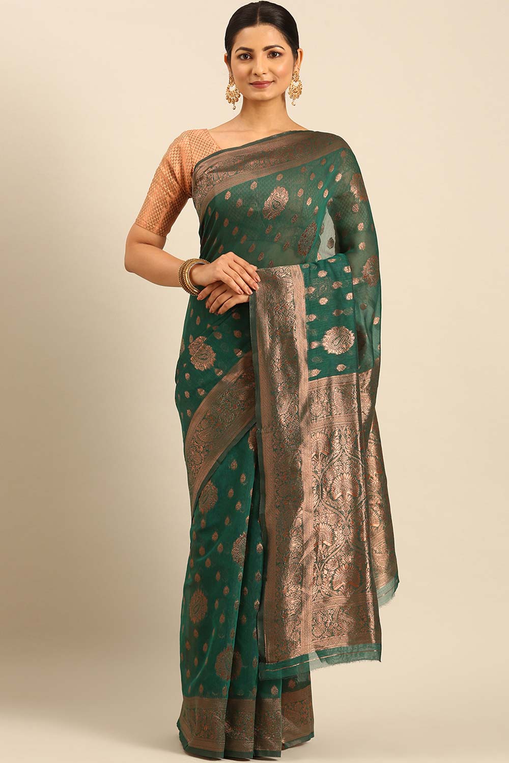 Teal Cotton Woven Saree