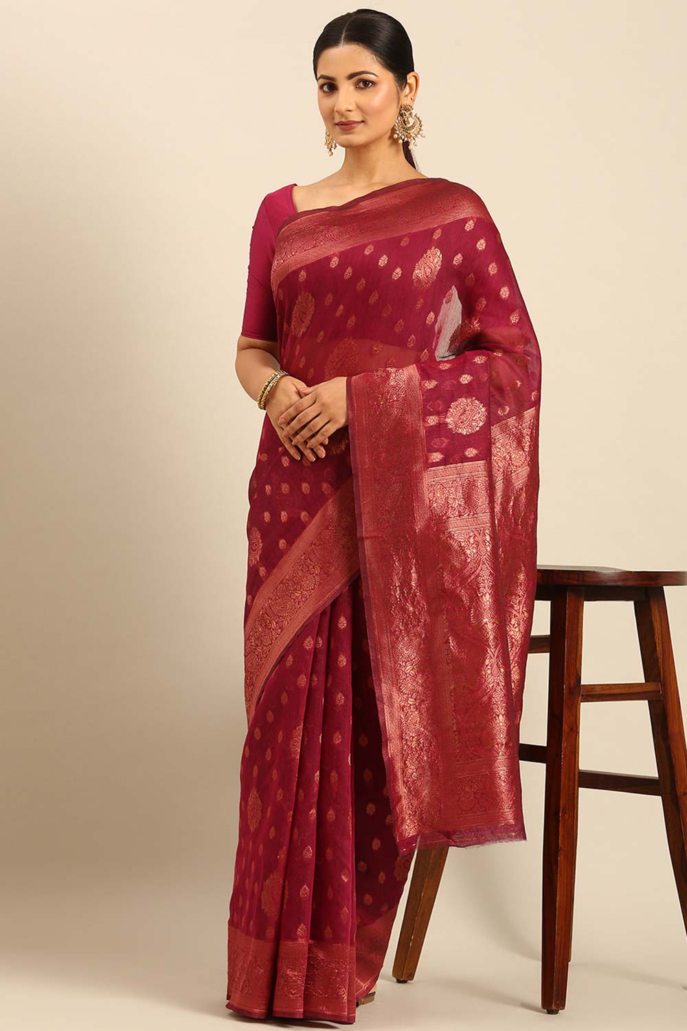 Magenta Cotton Woven Saree