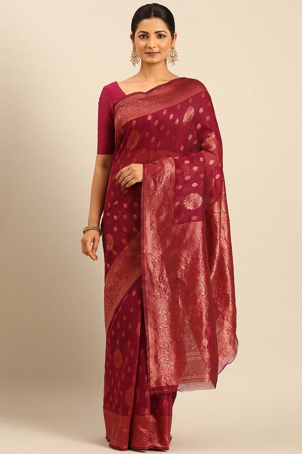 Magenta Cotton Woven Saree