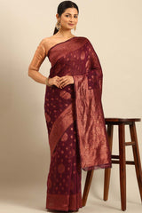 Wine Cotton Woven Saree