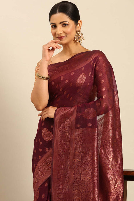 Wine Cotton Woven Saree