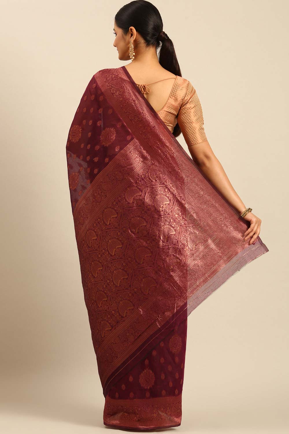 Wine Cotton Woven Saree