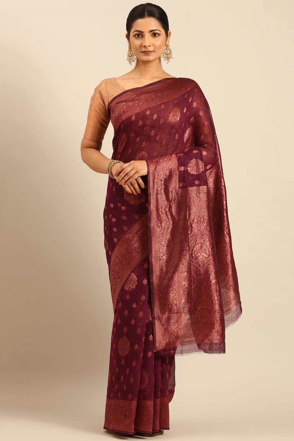 Wine Cotton Woven Saree