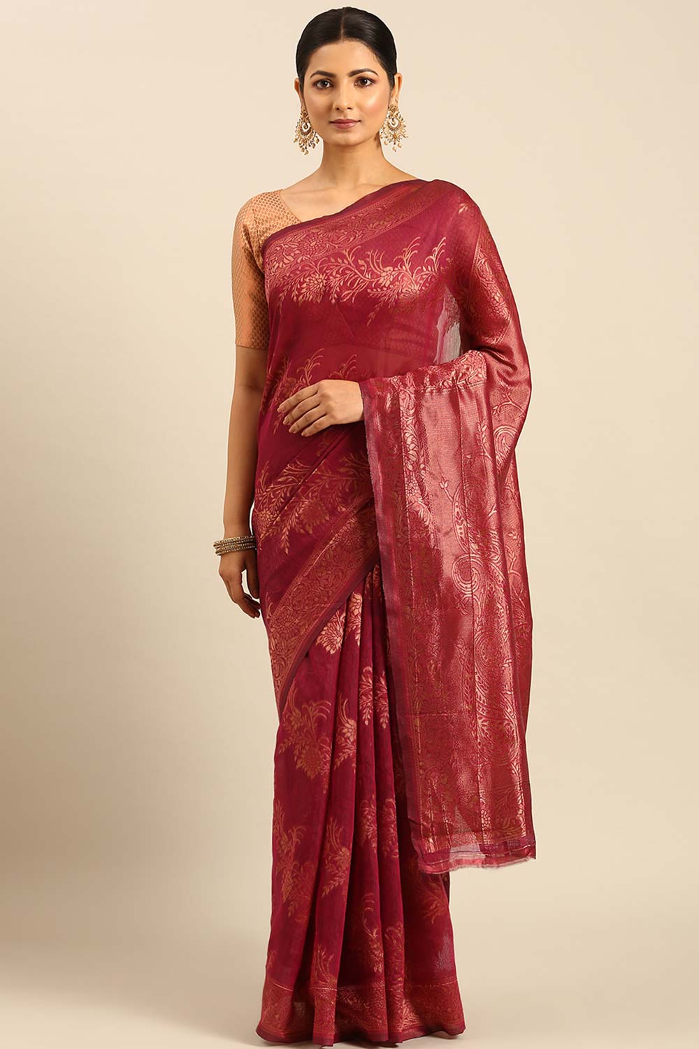 Magenta Cotton Woven Saree