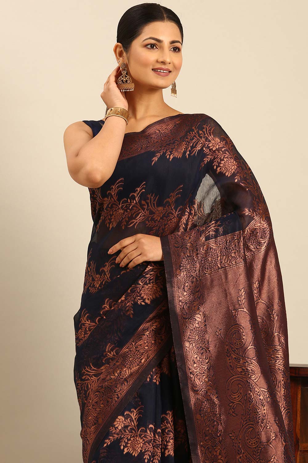 Navy Blue Cotton Woven Saree