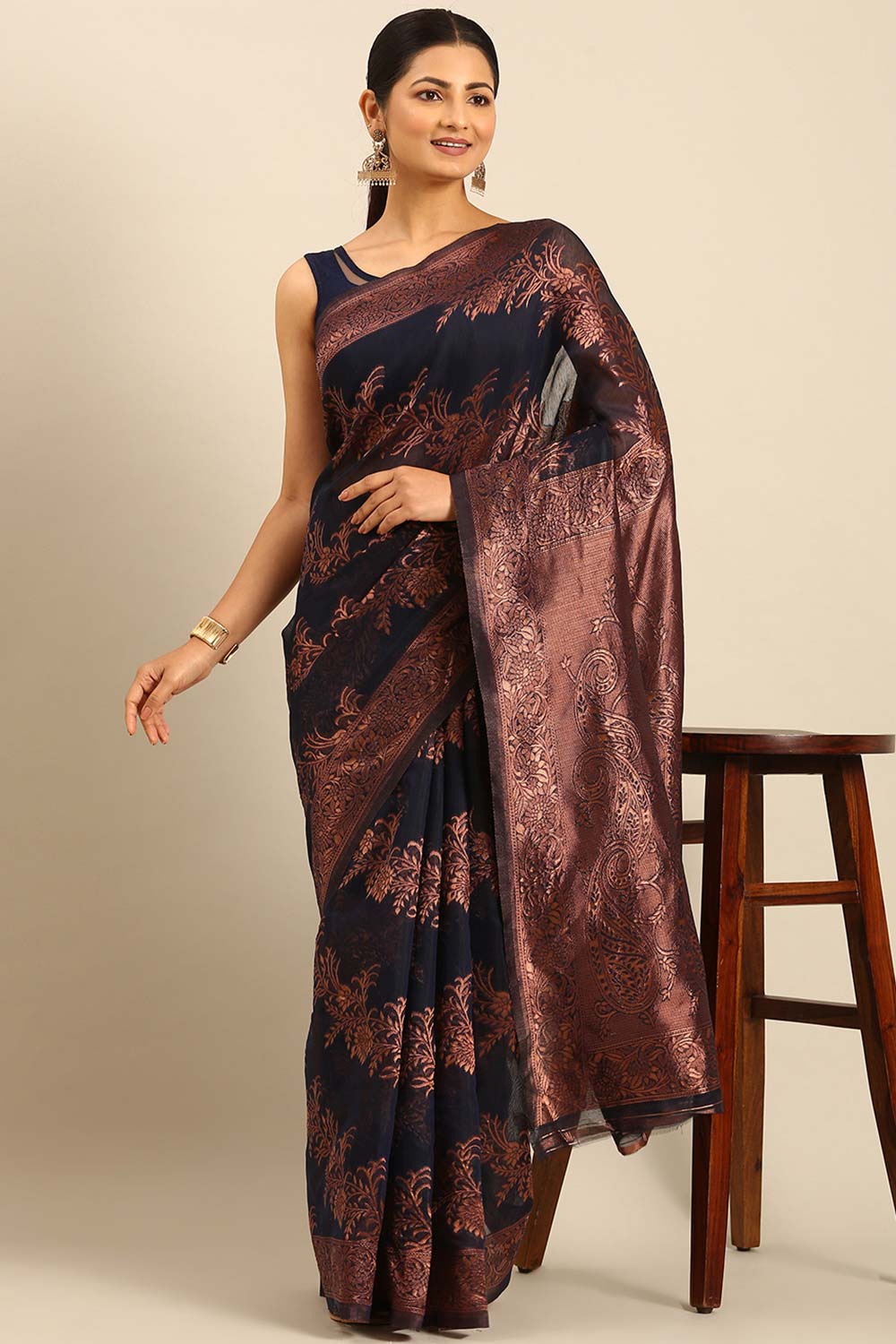 Navy Blue Cotton Woven Saree