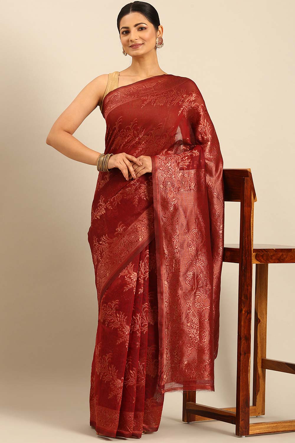 Rust Cotton Woven Saree