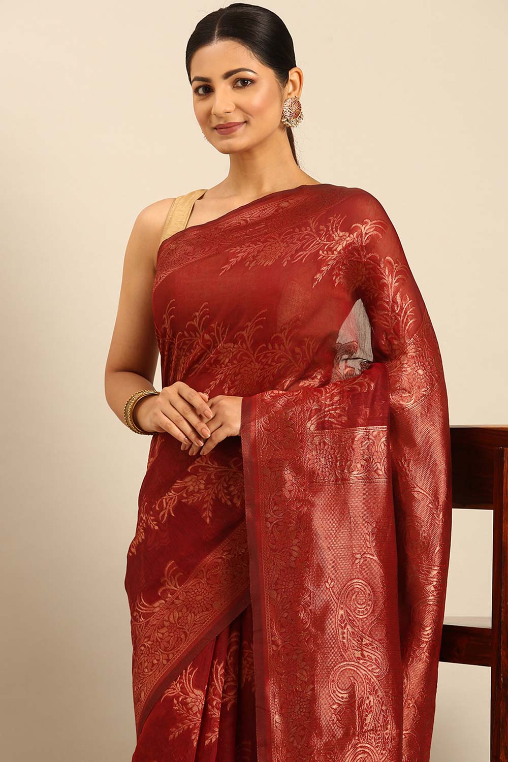 Rust Cotton Woven Saree