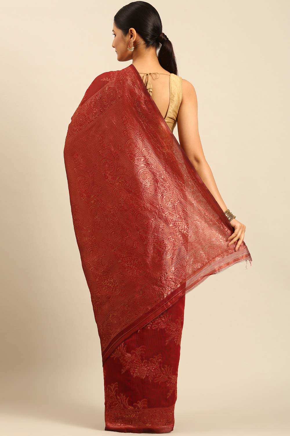 Rust Cotton Woven Saree