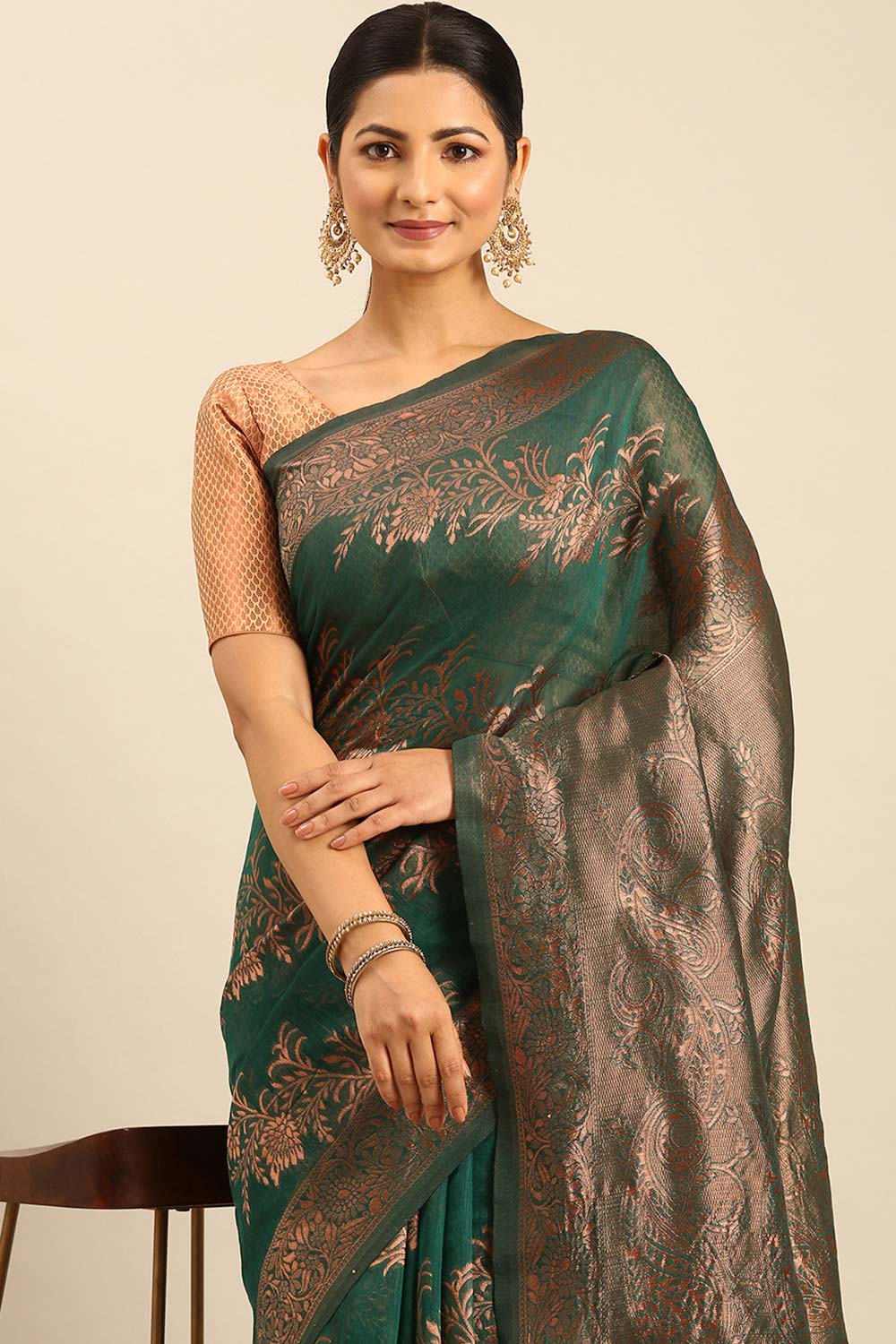 Teal Cotton Woven Saree