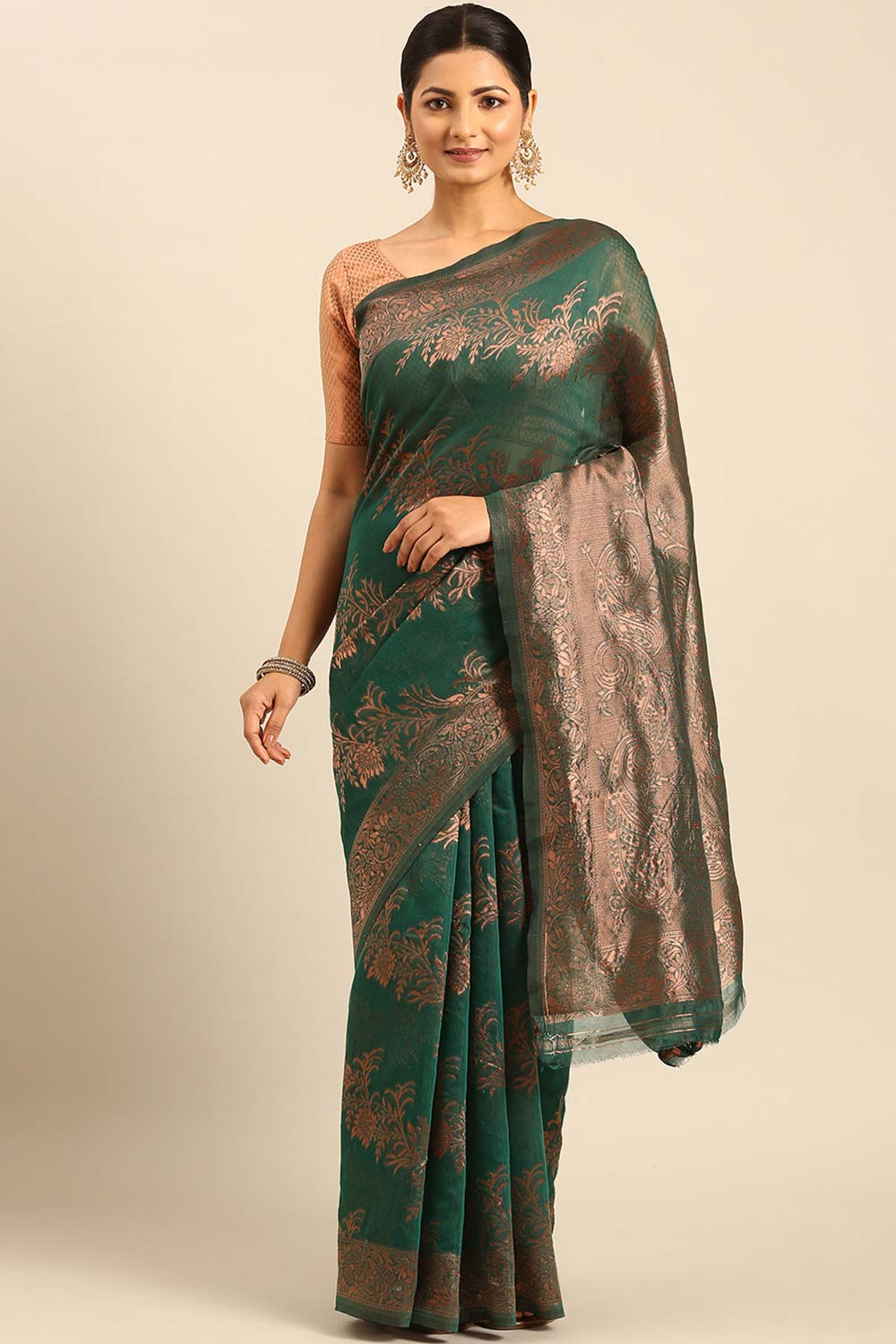 Teal Cotton Woven Saree