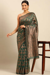 Teal Cotton Woven Saree