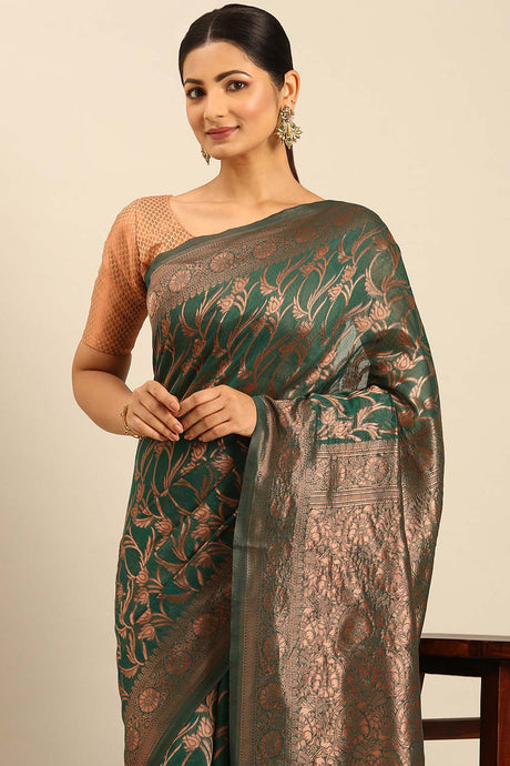 Teal Cotton Woven Saree