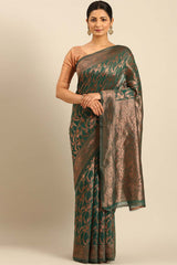 Teal Cotton Woven Saree