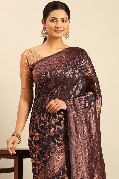 Navy Blue Cotton Woven Saree