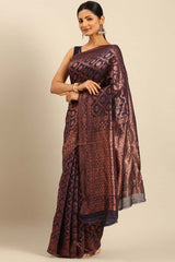 Navy Blue Cotton Woven Saree