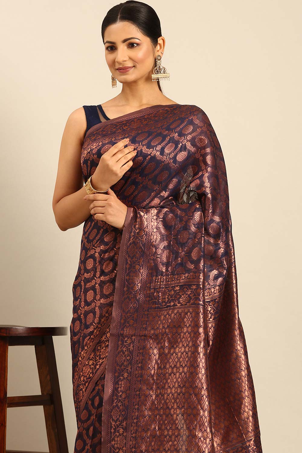 Navy Blue Cotton Woven Saree