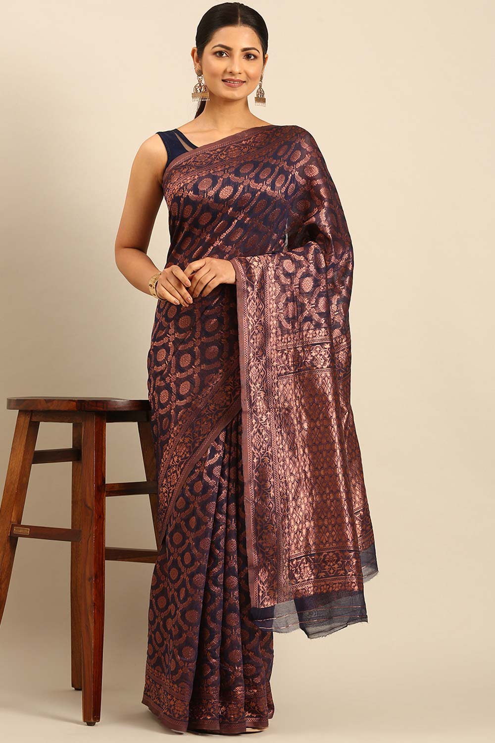 Navy Blue Cotton Woven Saree