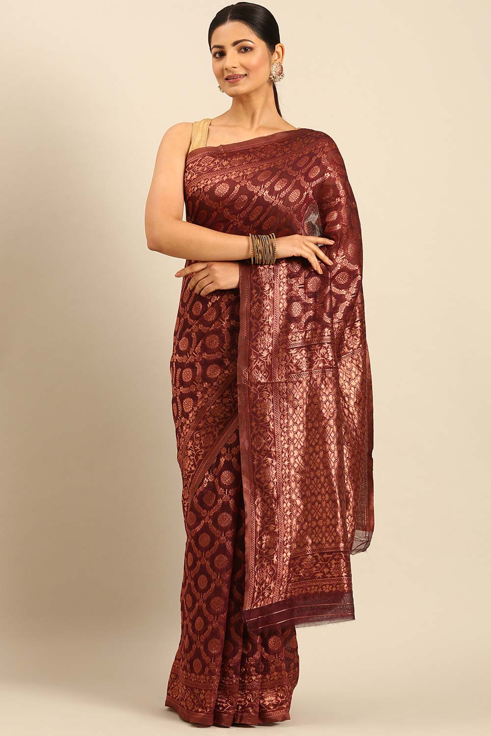 Brown Cotton Woven Saree