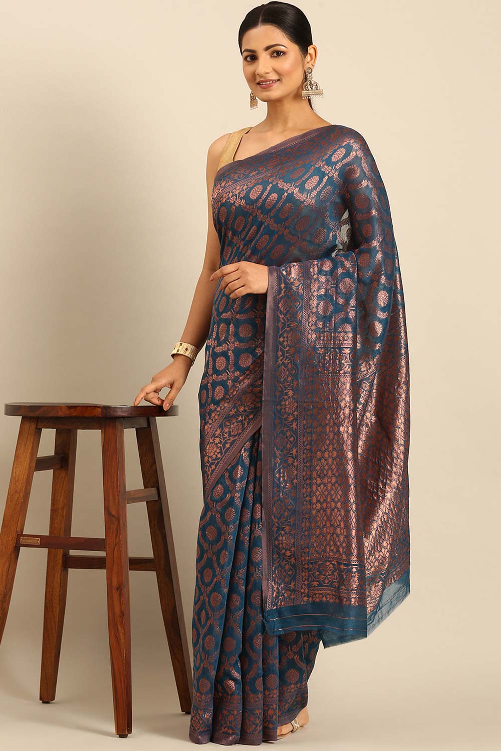 Teal Cotton Woven Saree