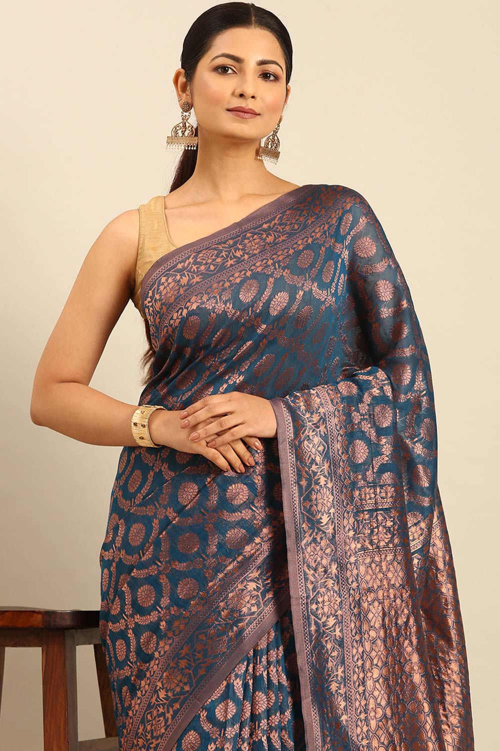 Teal Cotton Woven Saree