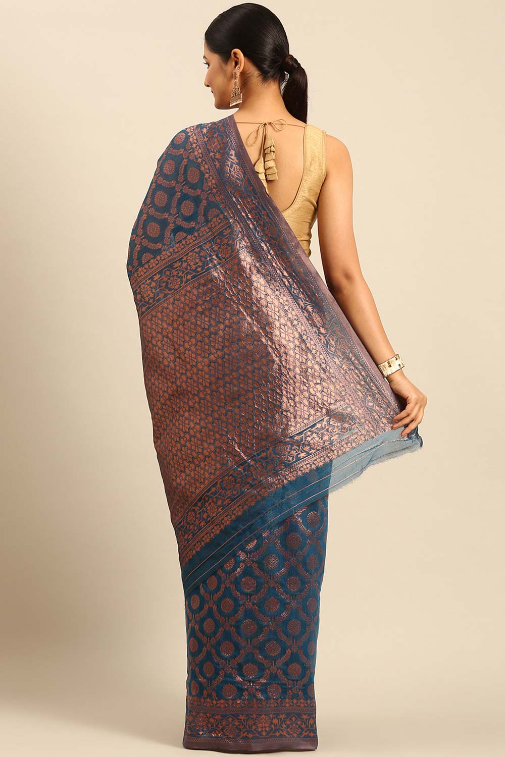 Teal Cotton Woven Saree