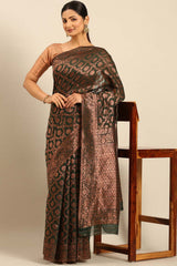 Dark Green Cotton Woven Saree