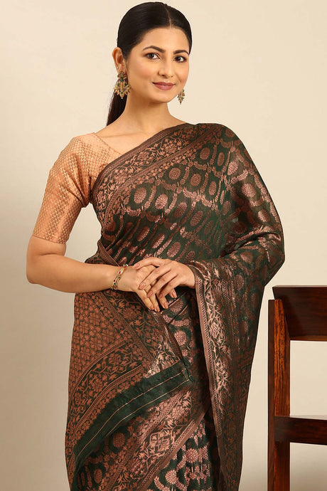 Dark Green Cotton Woven Saree