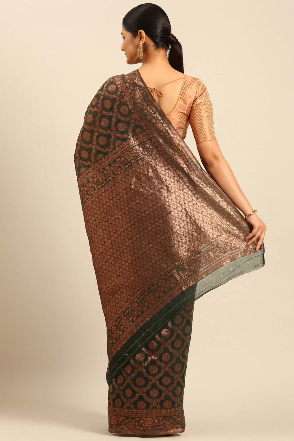 Dark Green Cotton Woven Saree