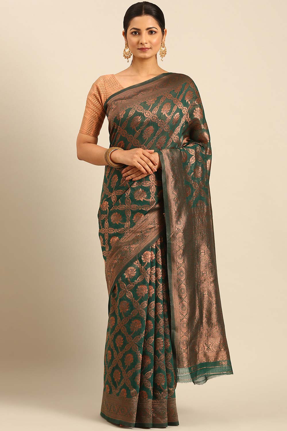 Teal Cotton Woven Saree