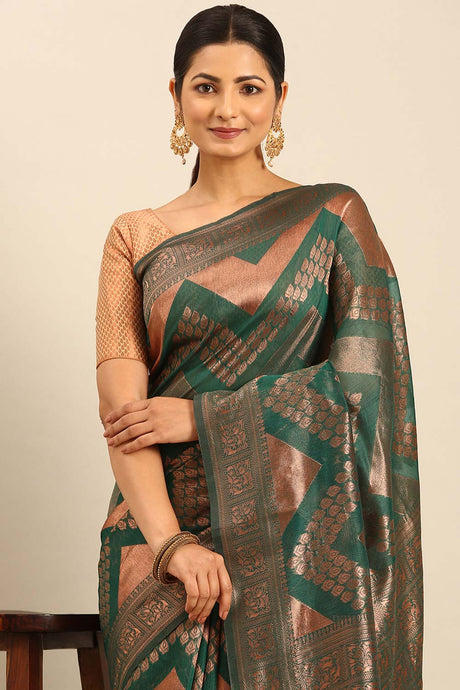 Teal Cotton Woven Saree