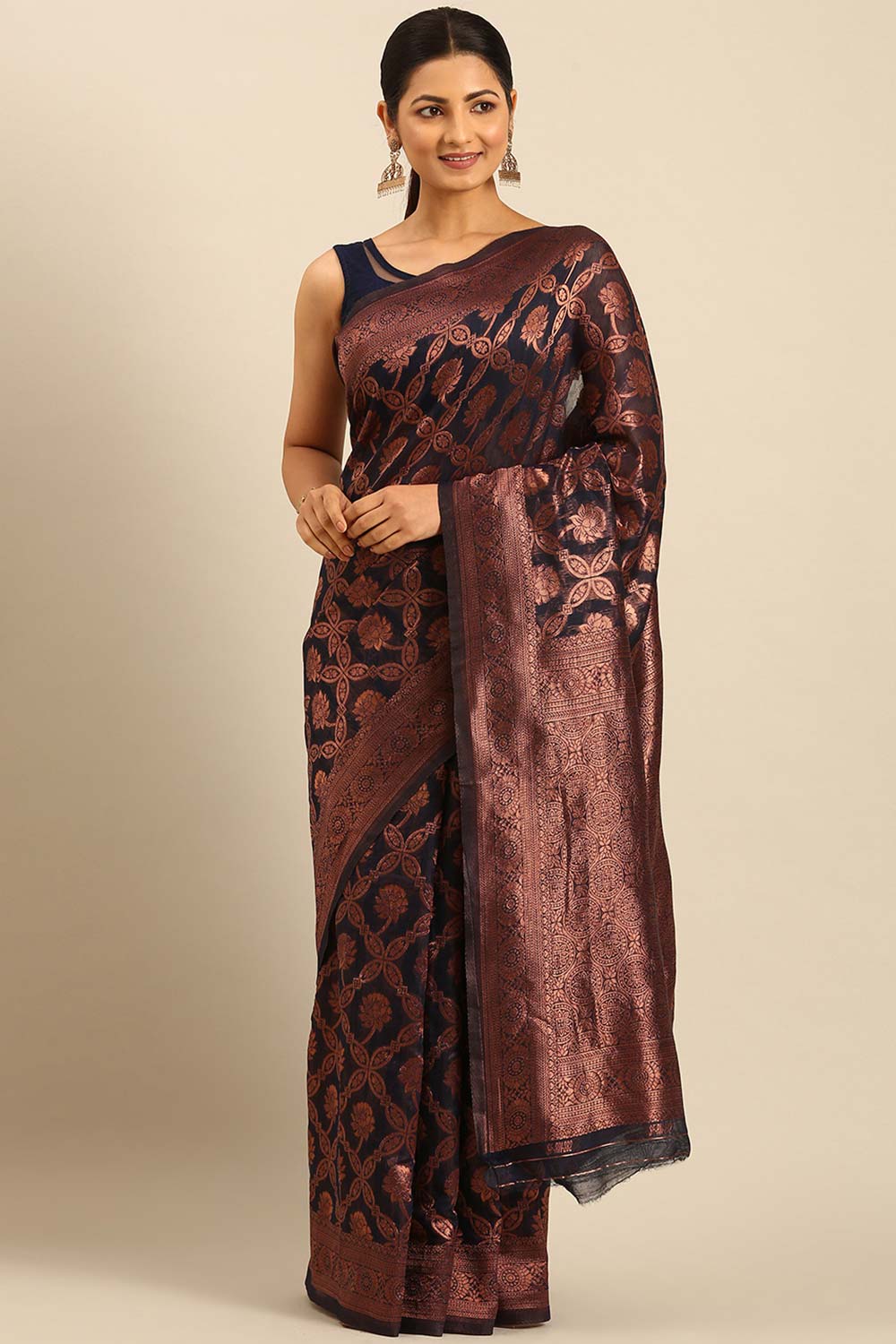 Navy Blue Cotton Woven Saree