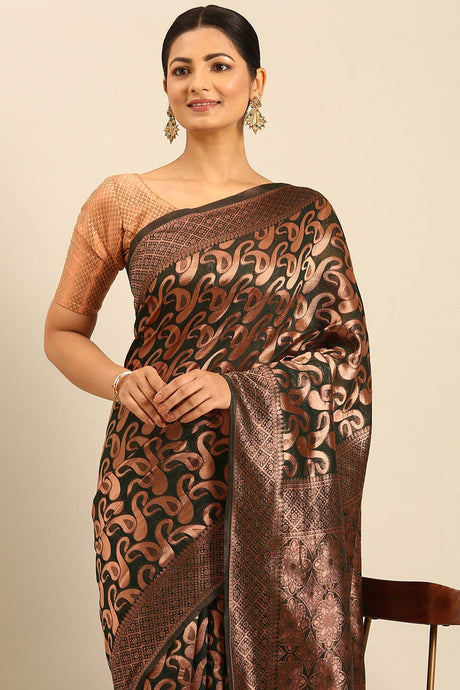 Dark Green Cotton Woven Saree