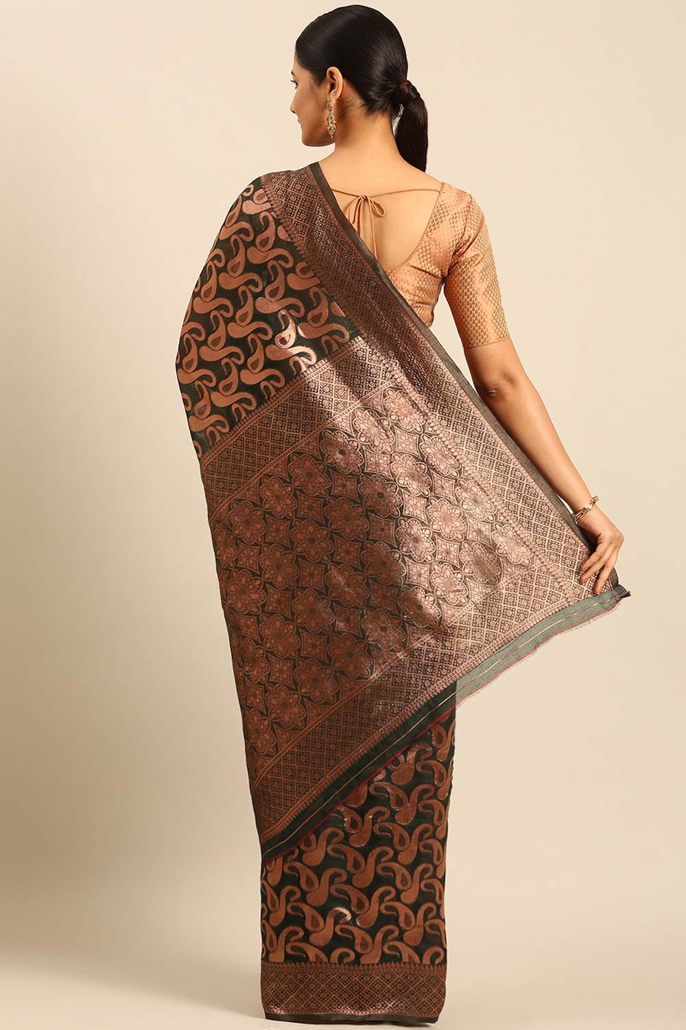 Dark Green Cotton Woven Saree