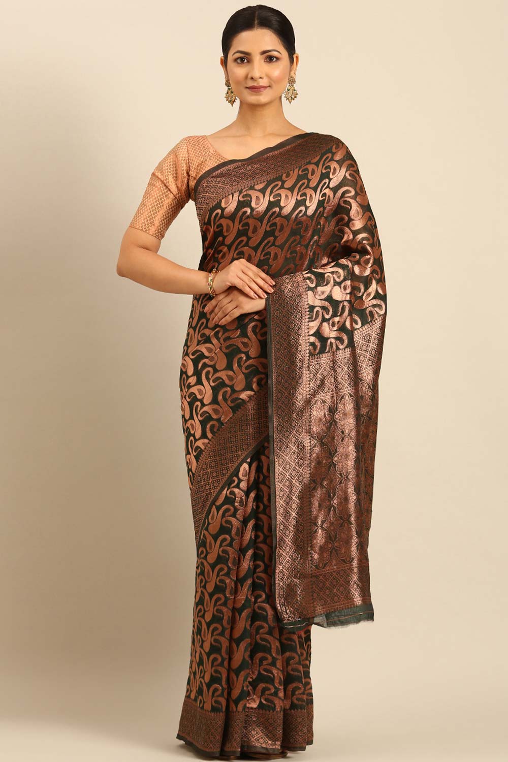 Dark Green Cotton Woven Saree