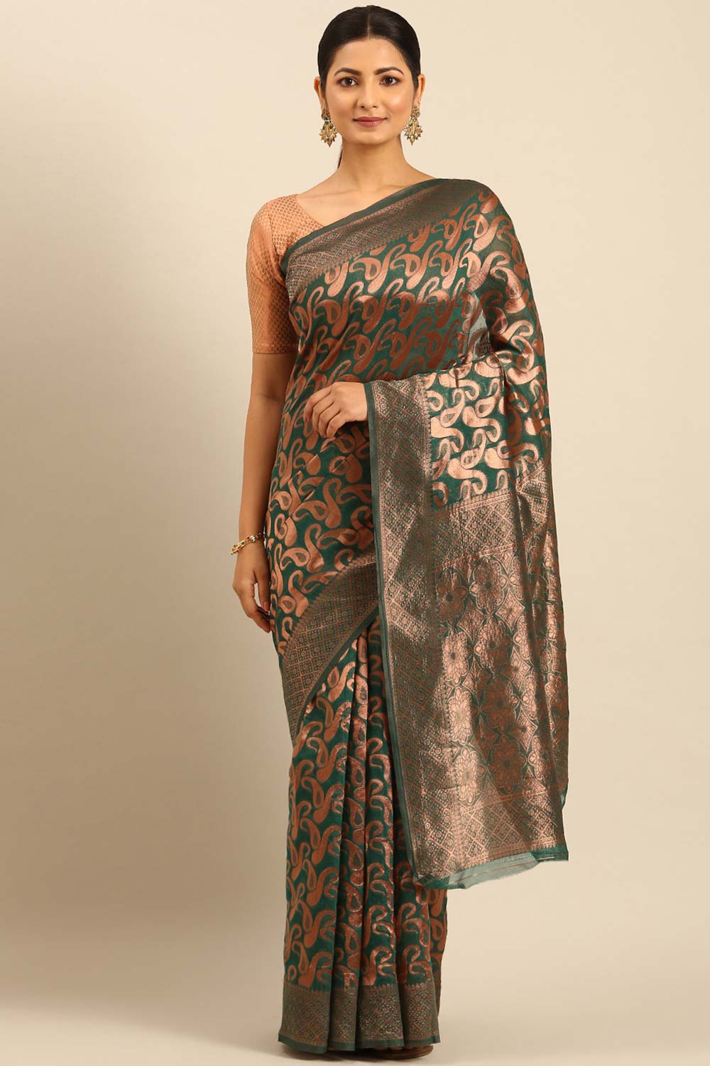 Teal Cotton Woven Saree