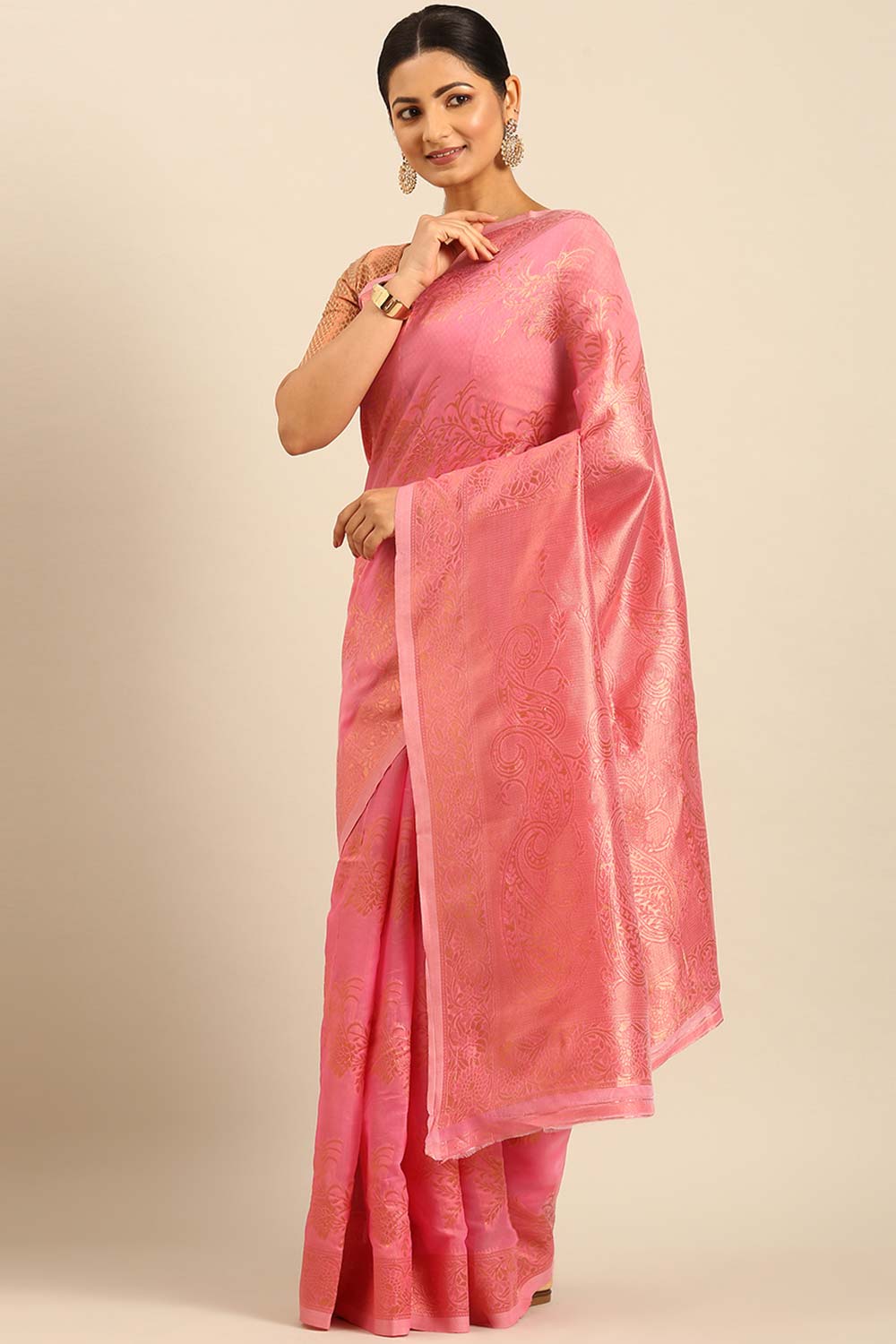 Pink Cotton Woven Saree