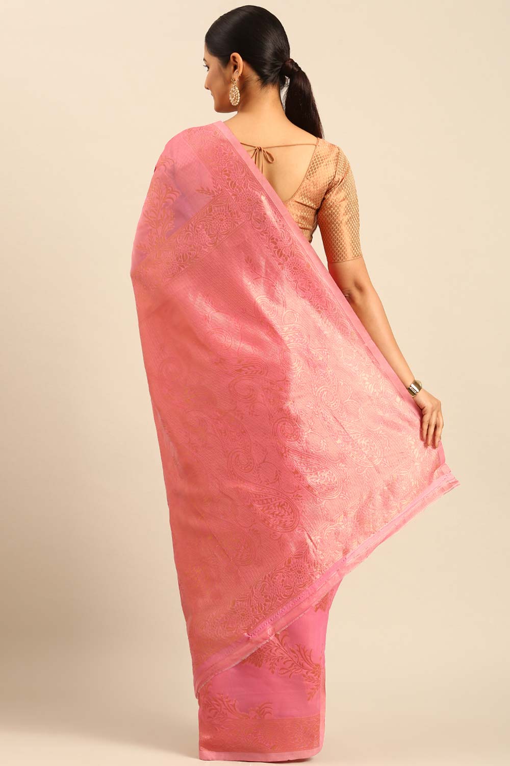 Pink Cotton Woven Saree